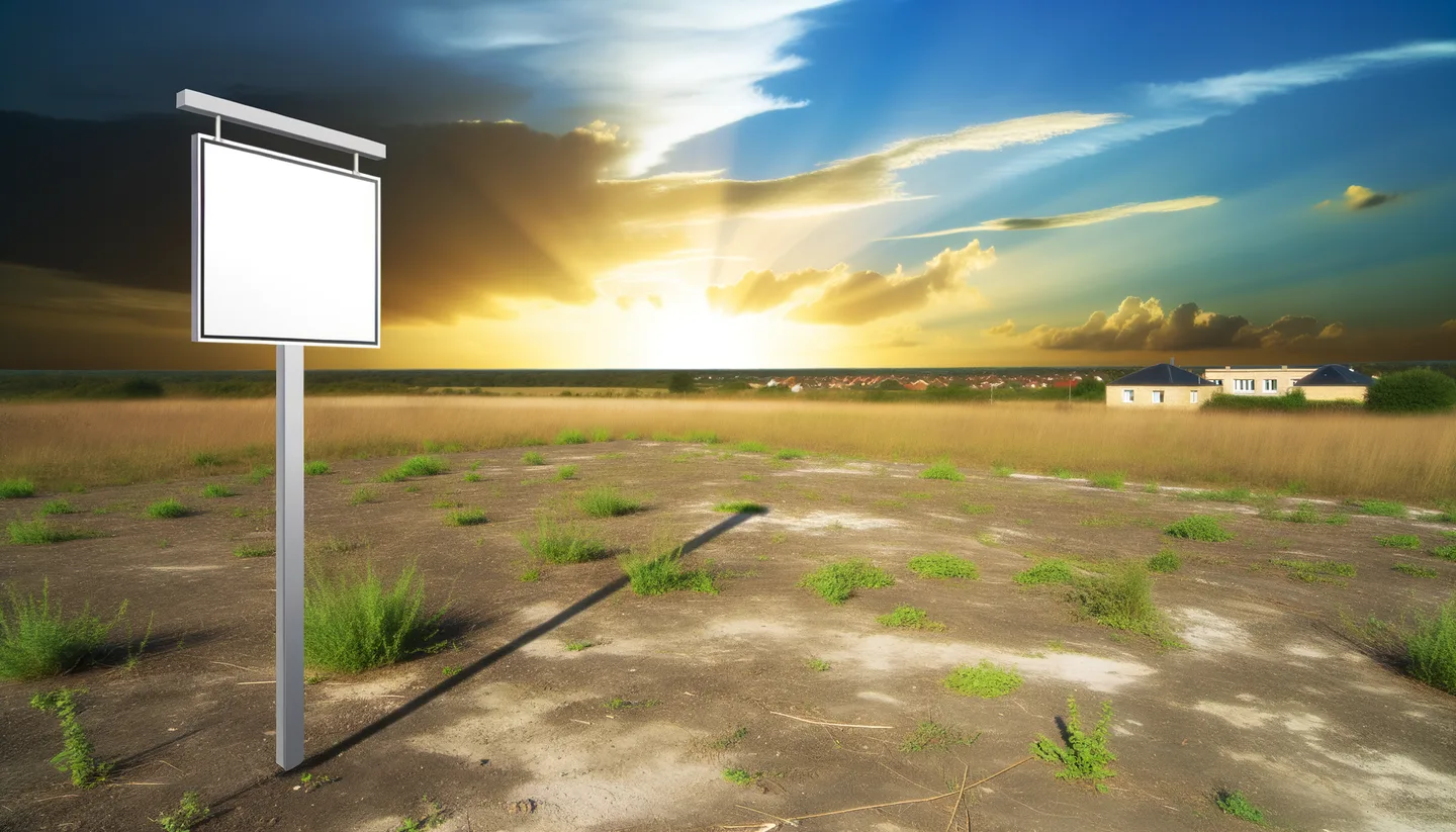 Vacant land parcel with real estate sign at golden hour