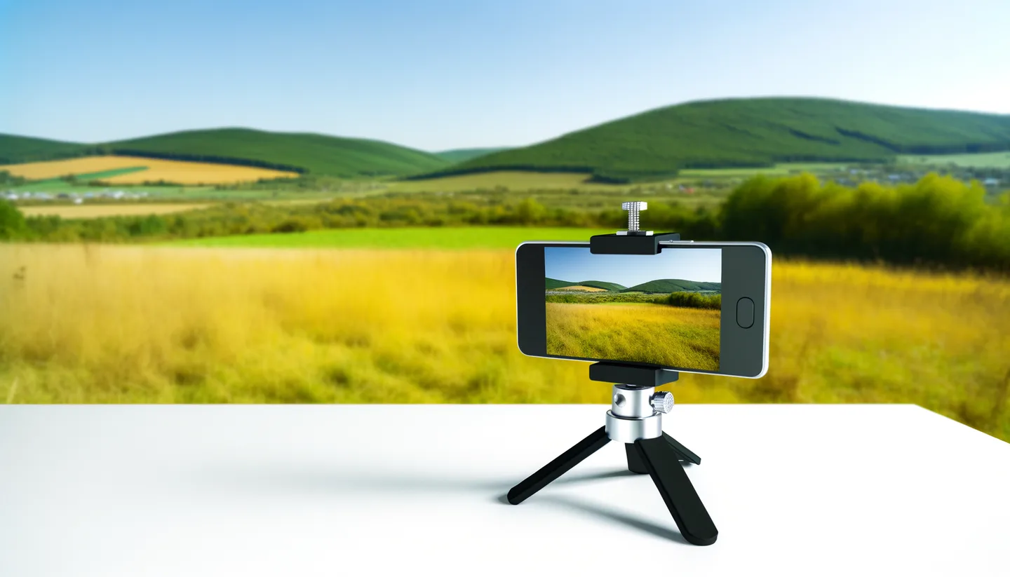 Smartphone on tripod photographing a vacant land parcel