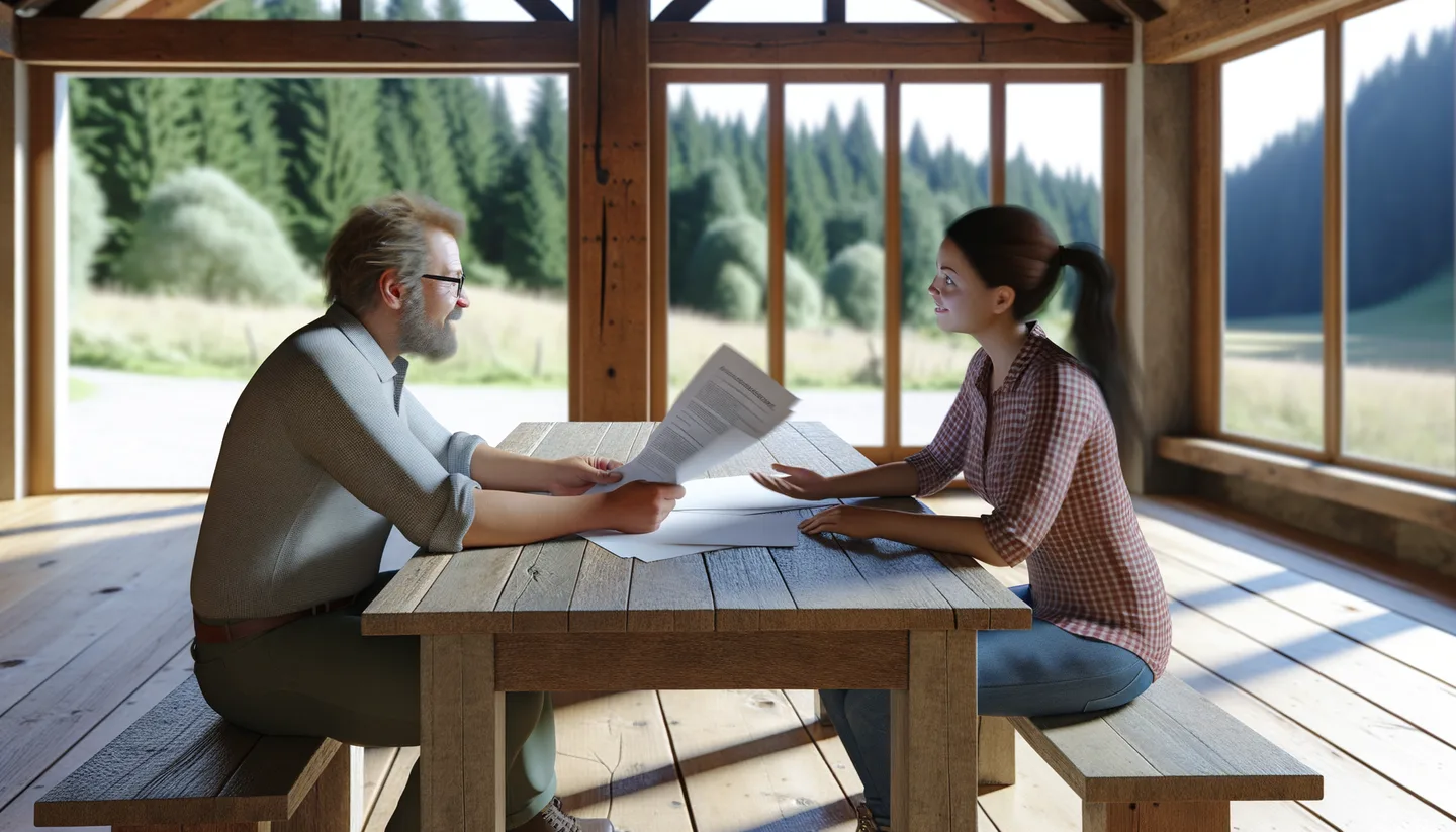 Two people reviewing land sale documents without a realtor
