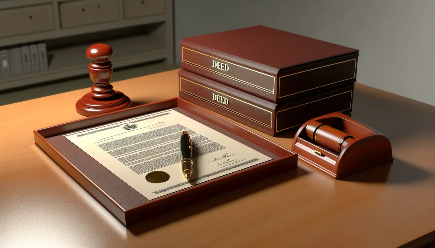 Legal land deed with notary stamp and fountain pen on desk