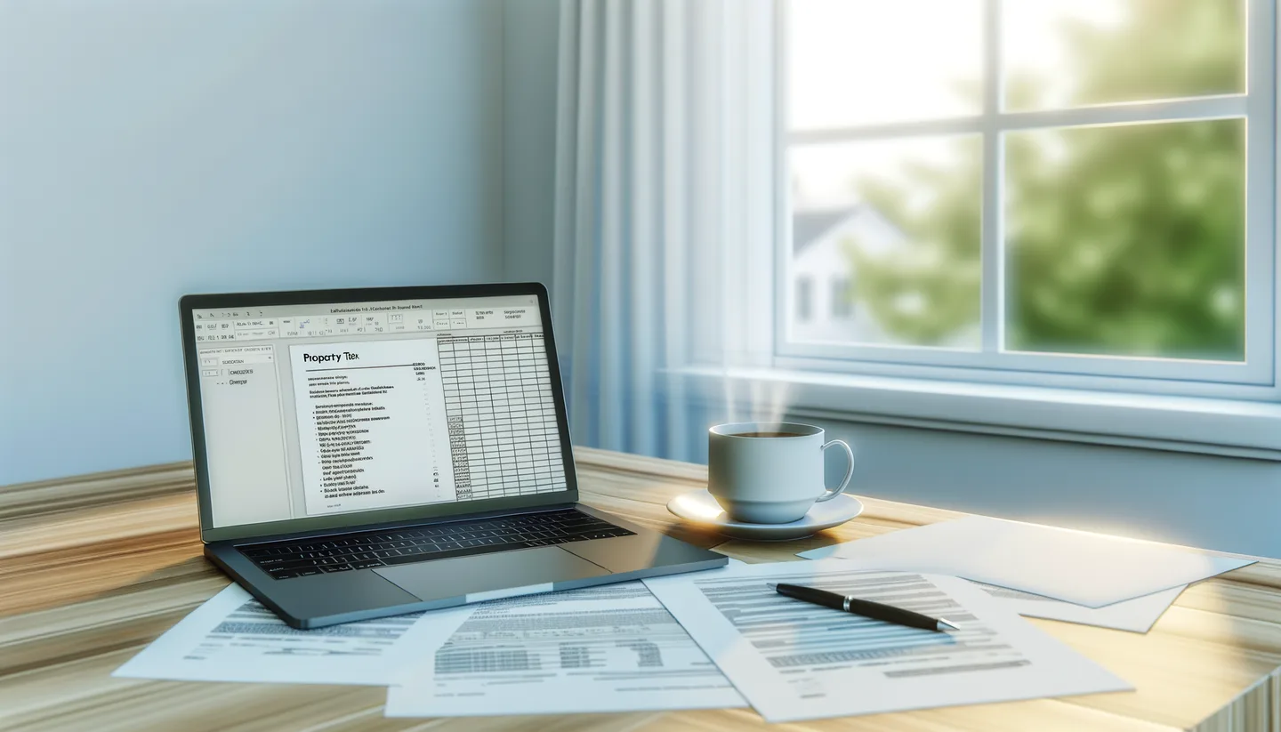 Property tax documents and laptop on a desk