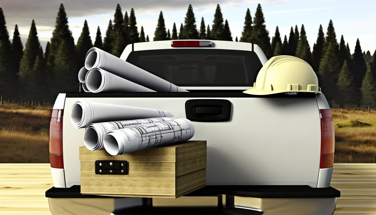 Blueprints and hard hat on a truck hood at a construction site