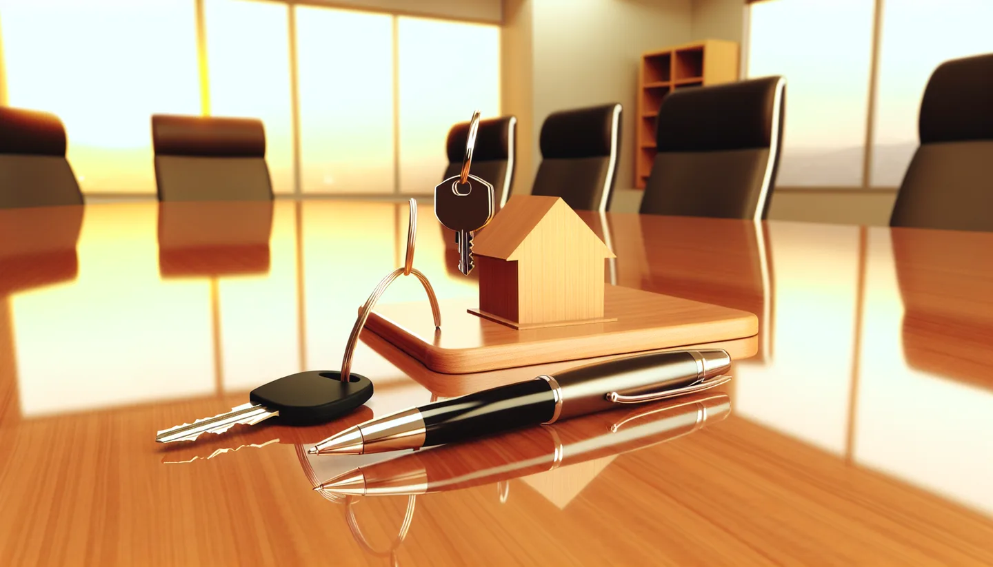 Property closing table with signed documents and keys from above