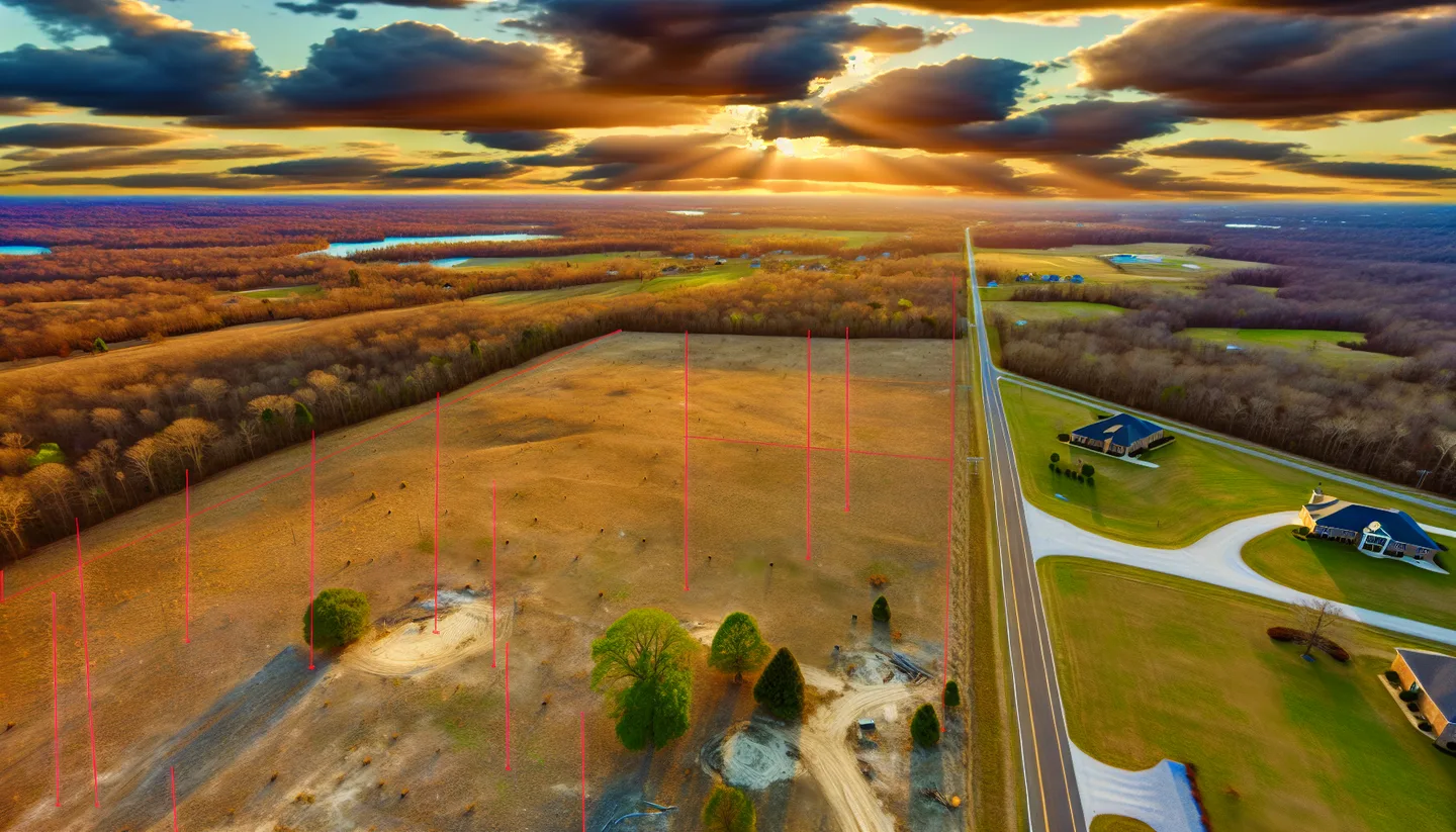 Rural property with survey stakes along a county road