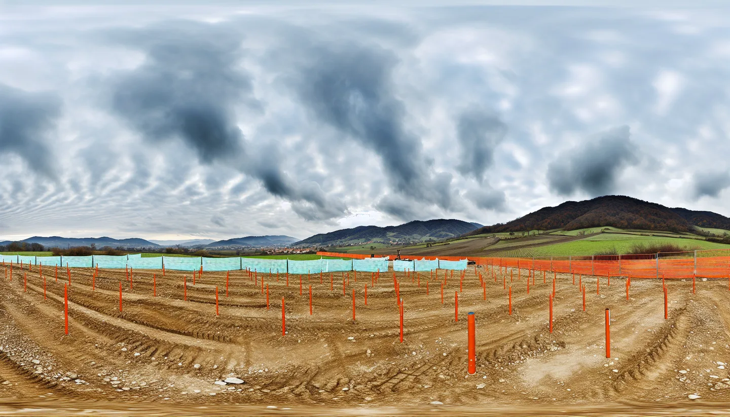 Graded construction lot with utility stakes