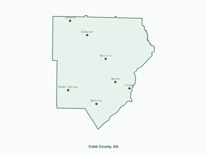 Map of Cobb County, GA showing major cities