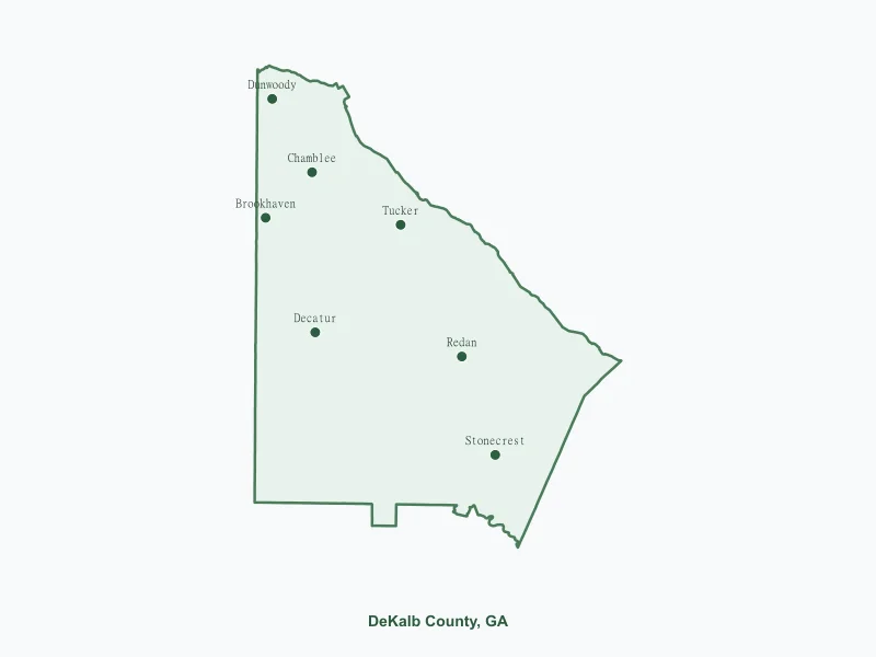 Map of DeKalb County, GA showing major cities