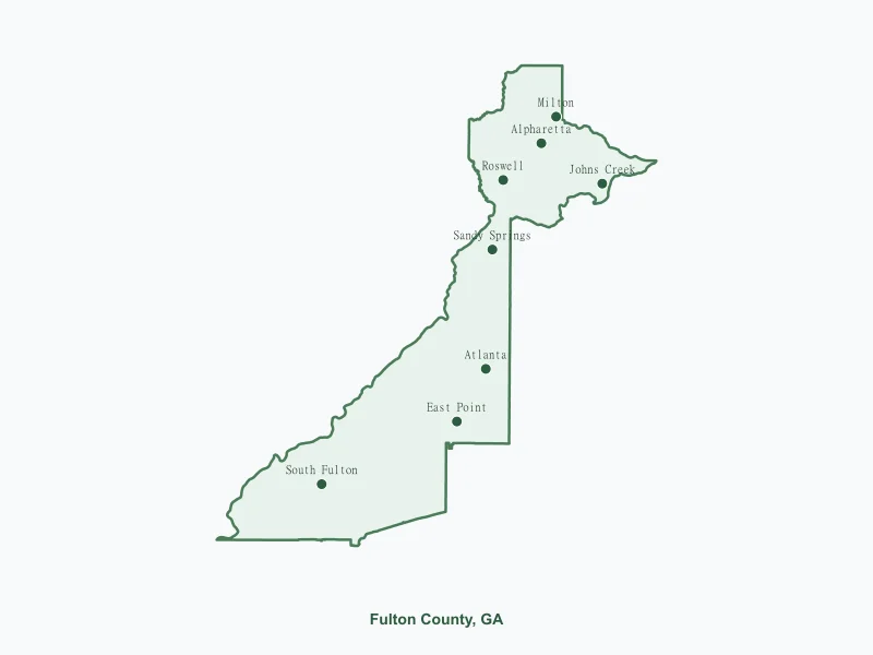 Map of Fulton County, GA showing major cities