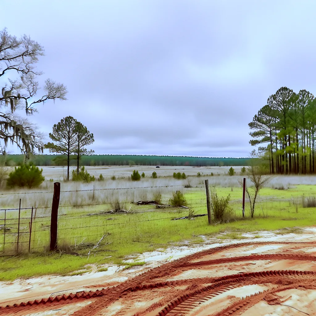 Rural acreage with open grassland and conifer forest in Elbert County, Georgia